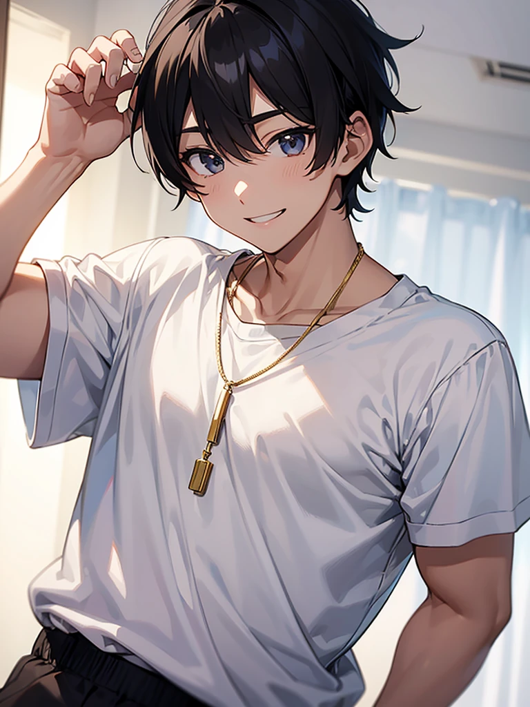 1 male、White T-shirtを着た短い髪の男がマンションのドアを開けて出てきた、Gold Necklace、Smiling、1 male、A man with black hair stands behind him、White T-shirt、Tag Chain