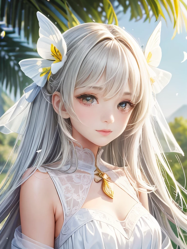 Delicate depiction, detailed, realism, 8K, -yeld gi Ultra high definition, 顔のdetailed, big golden eyes, Fuller lips, nose pointed upwards, Grey hair with pink strands, Wearing a white dress, Background Flowers, white butterfly in the foreground, Realistic shooting, Depth of written boundary, Soft front light, shine, High resolution (Calm colors: 1.2), Fantasy, 