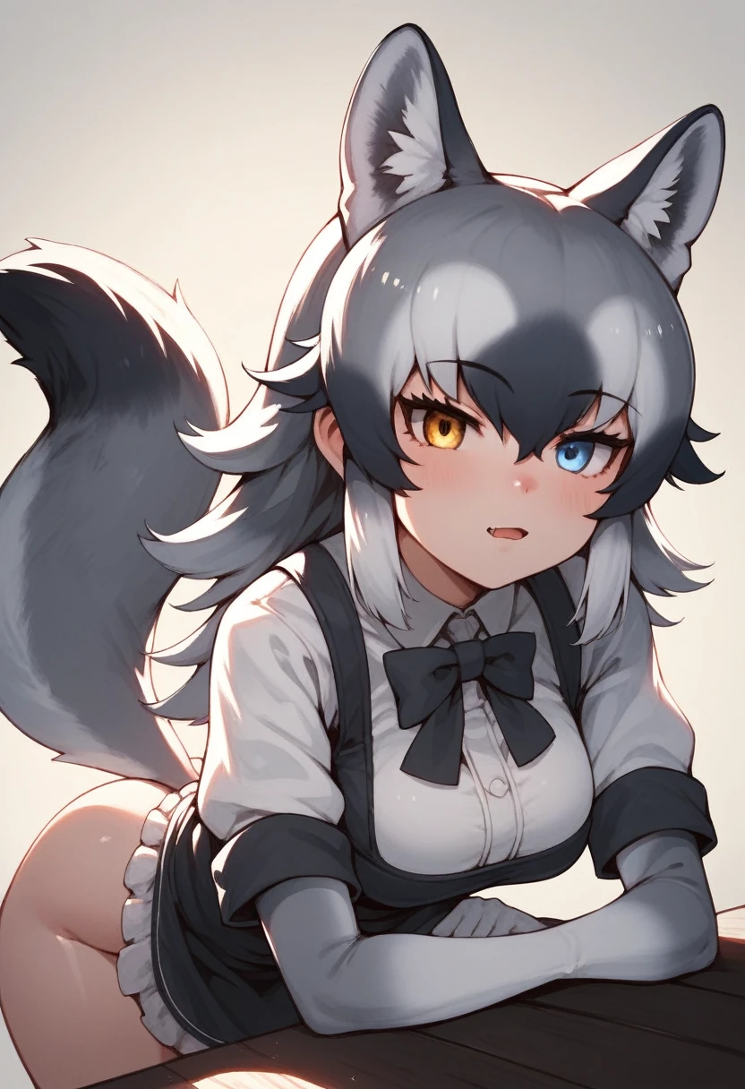 Score_9, Score_8_up, Score_7_up, Score_6_up, Score_5_up, Score_4_up, source_anime, 1girl, nsfw, grey wolf \(kemono friends\), heterochromia, tail, wolf ears, maid, anal sex, doggystyle, deep penetration, [shit on penis], scat, penis, diarrhea