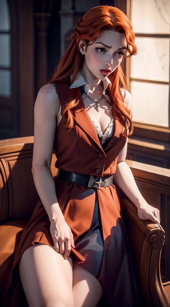 ((photo by full body)), ((photo realist)), 1 girl, (waistcoat: 1.2), 8K, high resolution, finely detailed skin, lingerie, Breasts huge, Lenore de Castlevania, vampyre, Red hair, overskirt, sitting down, flegs, jumping, dominant, Low angle, upoverskirt, skinny, toned, smaller body, Waist slender, from low, crossed flegs, highly detailed realisticly proportioned flegs, toned flegs, skinny flegs