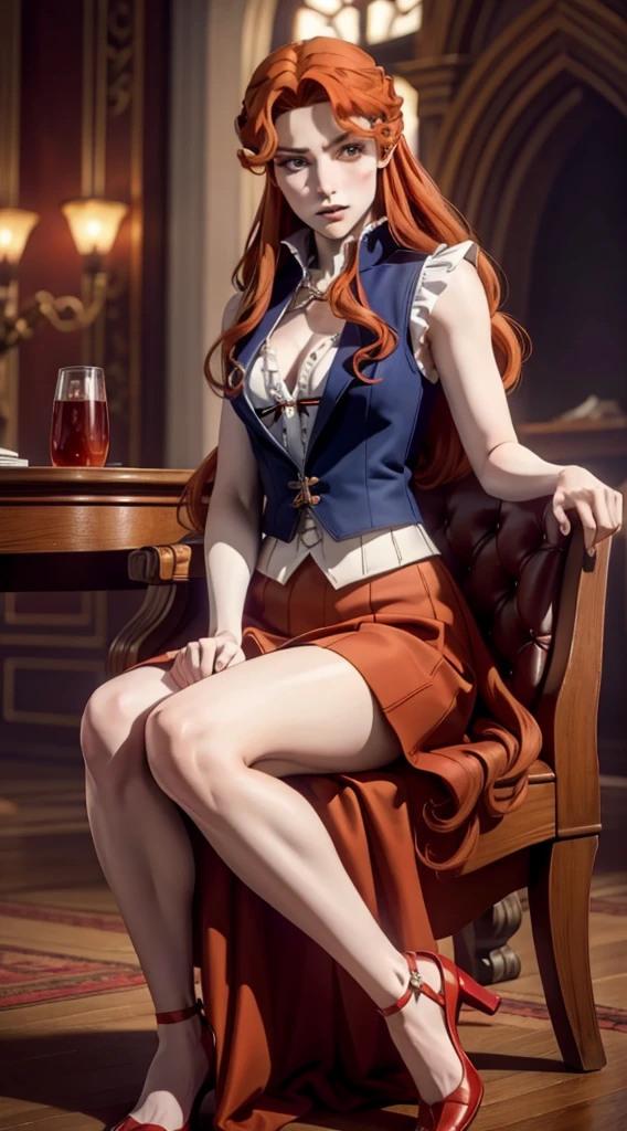 ((photo by full body)), ((photo realist)), 1 girl, (waistcoat: 1.2), 8K, high resolution, finely detailed skin, lingerie, Breasts huge, Lenore de Castlevania, vampyre, Red hair, overskirt, sitting down, flegs, jumping, dominant, Low angle, upoverskirt, skinny, toned, smaller body, Waist slender, from low, crossed flegs, highly detailed realisticly proportioned flegs, toned flegs, skinny flegs