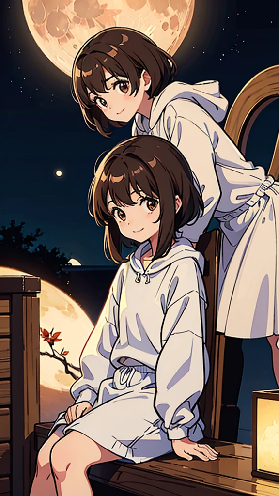 Two girls playing, one with brown hair, brown eyes and the other 8 years old hair smiling looking at the moon