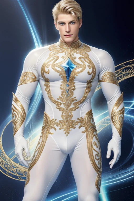 Quater body shot photorealistic ultra realism high definition aesthetic stabilized diffusion picture of handsome hunky fractal clean shaven blonde Zayne as celestial Islaw,blue eyes ,wearing white and gold swirls and twirl filigree sparkling biomorphic transparent overall tight fit spandex and gloves. Super bulge, standing in with hand on the hips.