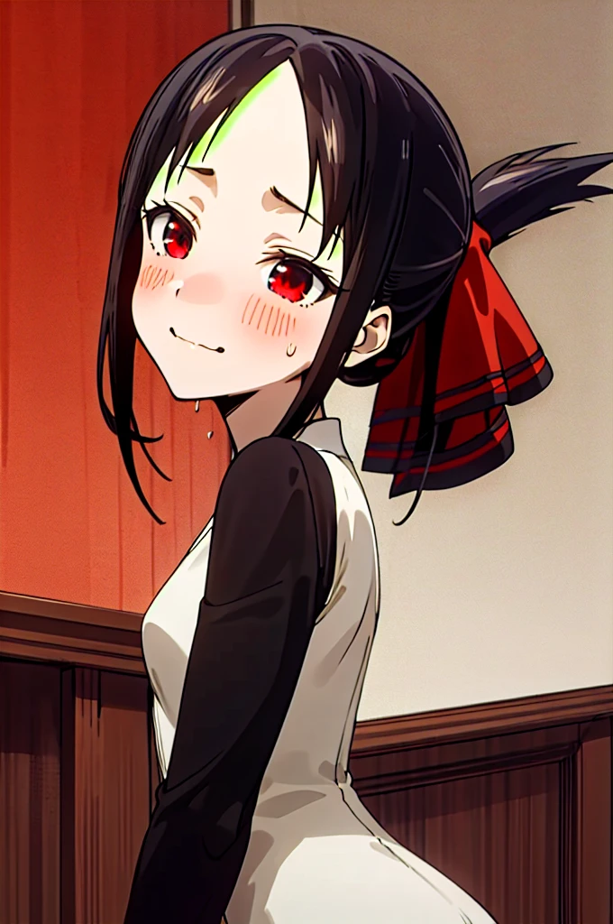 Shinomiya Kaguya,1 girl,Red eyes,wavy mouth,blush,Alone,ashamed,,black fur,hair band,Red ribbon,folded ponytail,Lines,japanese room,Closed mouth,portrait,sweat,SMILE,looking to the side,Masterpiece,Best Quality,high resolution, big butt, backwards, naked