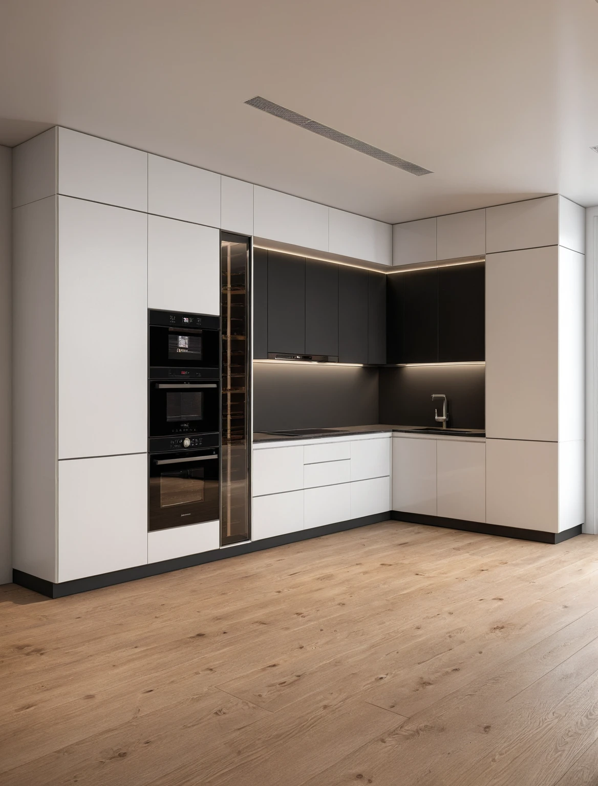 Raw photo,Masterpiece, high quality, best quality, authentic, super detail, interior , sunset, daylight, Kitchen Cabinets style modern, Induction cooker, sink, faucet, oven, built-in microwave, wooden floor, hood, wine cabinet, (black and white tones)