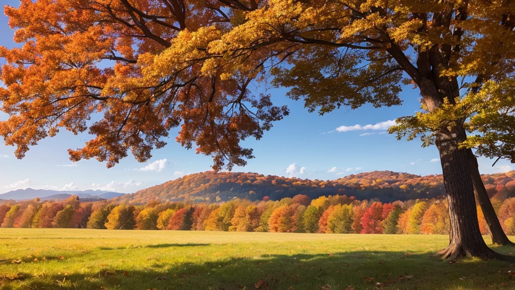 Autumn weather, trees, open field (spacious and natural place, open-air nature, with autumn weather), distant trees. Animation style, 2D anime scenery, in high definition.