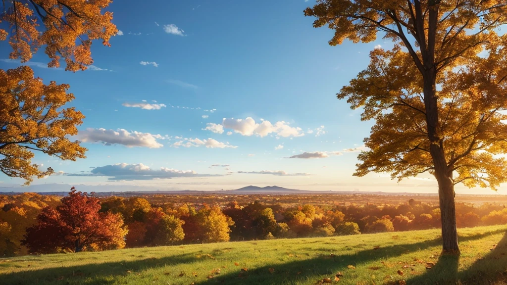 Autumn weather, trees, open field (spacious and natural place, open-air nature, with autumn weather), distant trees. Animation style, 2D anime scenery, in high definition.