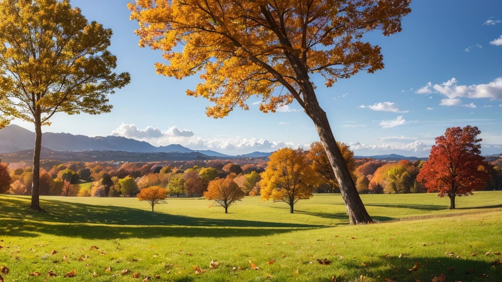 Autumn weather, trees, open field (spacious and natural place, open-air nature, with autumn weather), distant trees. Animation style, 2D anime scenery, in high definition.