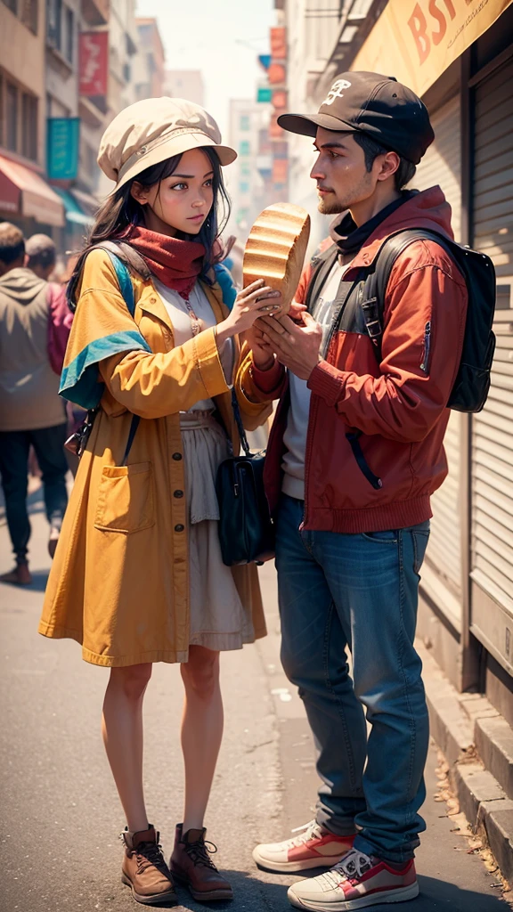 Create a thumbnail showing a beggar and a person giving bread, with vibrant colors to attract viewers.