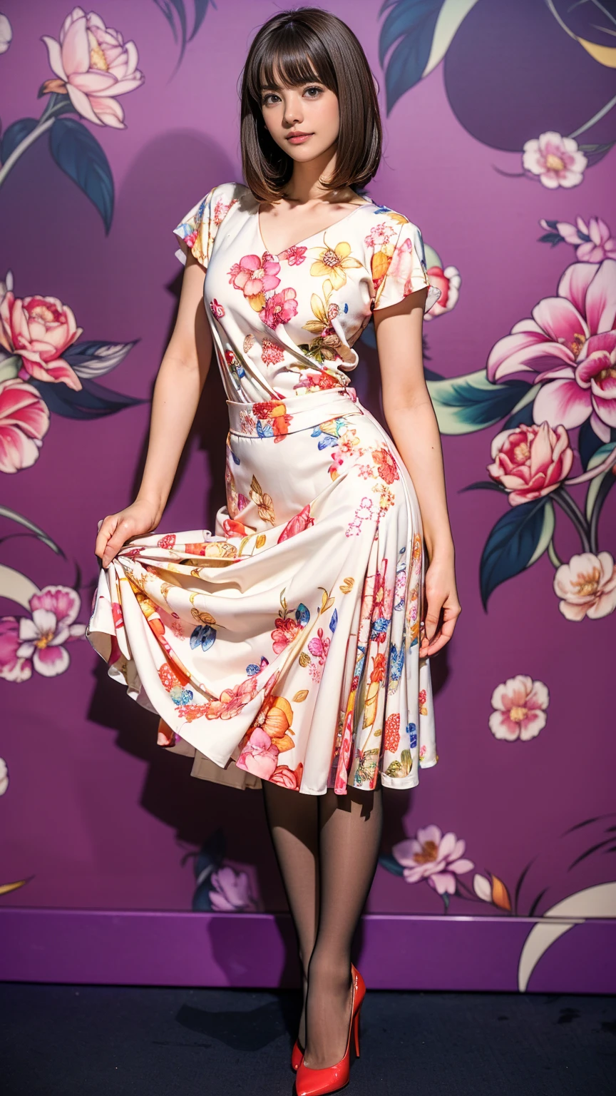 ((masterpiece)),(((Highest quality))),Thin thighs,Long legs,whole body:1.5,(One Girl:1.3),(Black pantyhose and thick pointy heels:1.3),(Wearing a floral print mid-long flared skirt dress:1.2),Short blonde hair:1.2、Model pose,