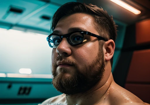 Wearing transparent red prescription glasses,(((He is very chubby and has a white Speedo, in a huge swimming room he wears no clothes, ))), Inside the spacecraft.