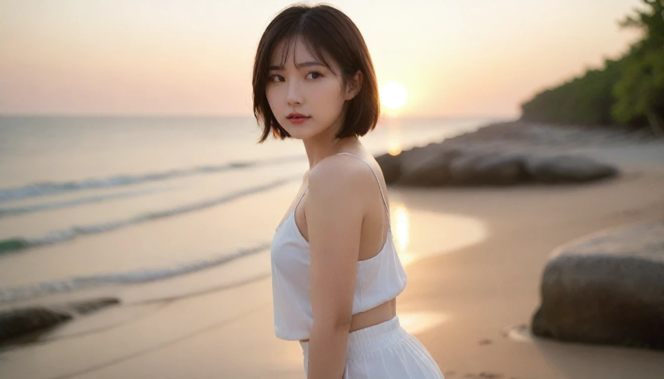 Beautiful Korean Woman, Chest size 34 inches, Wear sleeveless white shorts, Looking at the sea from the beach at sunset. beautiful pretty woman look , wearing a light skirt , clothes are wet with water, burning sunset light, short medium hair, 1 woman, beautiful eyes, UHD with a little smile