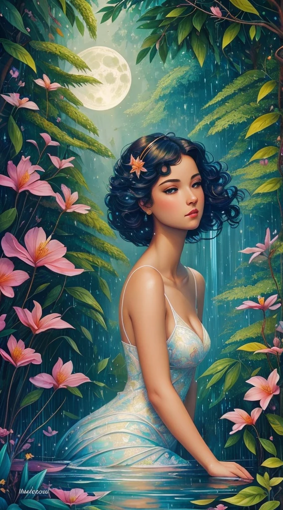 Create a vibrant and lush tropical rainforest scene, filled with diverse flora and fauna. There should be a hidden waterfall cascading into a crystal-clear pool, surrounded by vibrant, exotic flowers and playful monkeys swinging from the trees. The sun filters through the dense canopy, creating a magical, dappled light effect, splash, full body, detailed oil painting by Marc Todd, lady close up, fantasy garden, leaves, raindrops on leaves, night moon, moonlight, stars, mystical, highly detailed, intricate, intricate pose, oil painting, thick strokes , soft impressionism, mannerism, vibrant colors, masterpiece, high quality, beautiful young caucasian girl, illuminated face, long black hair,lamp and lantern, old clock, full moon, moonlight behind a female silhouette, fantasy, well-detailed perfect composition,art by Vladimir Volegov, Virgin,digital art, Jean-Baptiste Monge style, bright, beautiful , splash, Glittering , cute and adorable, filigree, , rim lighting, lights, extremely , magic, surreal, fantasy, digital art, , wlop, artgerm and james jean,