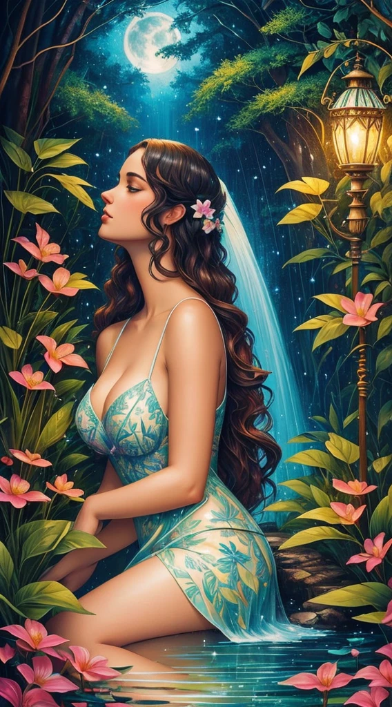 Create a vibrant and lush tropical rainforest scene, filled with diverse flora and fauna. There should be a hidden waterfall cascading into a crystal-clear pool, surrounded by vibrant, exotic flowers and playful monkeys swinging from the trees. The sun filters through the dense canopy, creating a magical, dappled light effect, splash, full body, detailed oil painting by Marc Todd, lady close up, fantasy garden, leaves, raindrops on leaves, night moon, moonlight, stars, mystical, highly detailed, intricate, intricate pose, oil painting, thick strokes , soft impressionism, mannerism, vibrant colors, masterpiece, high quality, beautiful young caucasian girl, illuminated face, long black hair,lamp and lantern, old clock, full moon, moonlight behind a female silhouette, fantasy, well-detailed perfect composition,art by Vladimir Volegov, Virgin,digital art, Jean-Baptiste Monge style, bright, beautiful , splash, Glittering , cute and adorable, filigree, , rim lighting, lights, extremely , magic, surreal, fantasy, digital art, , wlop, artgerm and james jean,