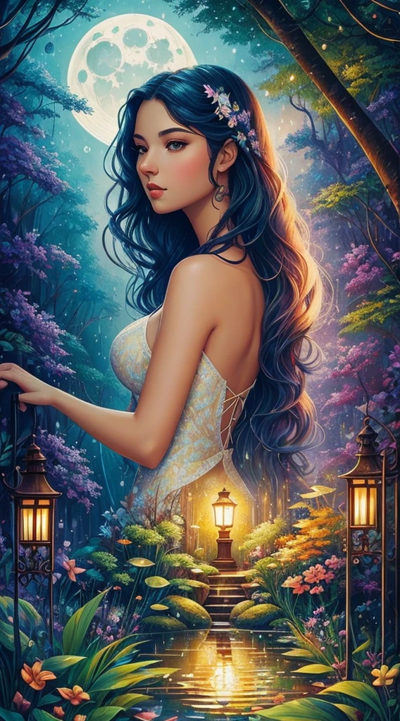 Create a vibrant and lush tropical rainforest scene, filled with diverse flora and fauna. There should be a hidden waterfall cascading into a crystal-clear pool, surrounded by vibrant, exotic flowers and playful monkeys swinging from the trees. The sun filters through the dense canopy, creating a magical, dappled light effect, splash, full body, detailed oil painting by Marc Todd, lady close up, fantasy garden, leaves, raindrops on leaves, night moon, moonlight, stars, mystical, highly detailed, intricate, intricate pose, oil painting, thick strokes , soft impressionism, mannerism, vibrant colors, masterpiece, high quality, beautiful young caucasian girl, illuminated face, long black hair,lamp and lantern, old clock, full moon, moonlight behind a female silhouette, fantasy, well-detailed perfect composition,art by Vladimir Volegov, Virgin,digital art, Jean-Baptiste Monge style, bright, beautiful , splash, Glittering , cute and adorable, filigree, , rim lighting, lights, extremely , magic, surreal, fantasy, digital art, , wlop, artgerm and james jean,
