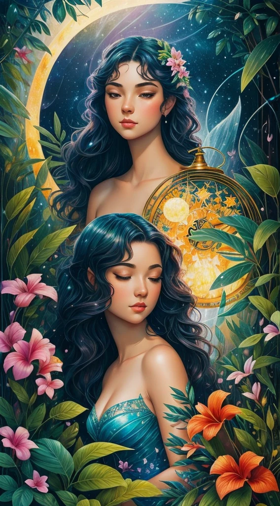 Create a vibrant and lush tropical rainforest scene, filled with diverse flora and fauna. There should be a hidden waterfall cascading into a crystal-clear pool, surrounded by vibrant, exotic flowers and playful monkeys swinging from the trees. The sun filters through the dense canopy, creating a magical, dappled light effect, splash, full body, detailed oil painting by Marc Todd, lady close up, fantasy garden, leaves, raindrops on leaves, night moon, moonlight, stars, mystical, highly detailed, intricate, intricate pose, oil painting, thick strokes , soft impressionism, mannerism, vibrant colors, masterpiece, high quality, beautiful young caucasian girl, illuminated face, long black hair,lamp and lantern, old clock, full moon, moonlight behind a female silhouette, fantasy, well-detailed perfect composition,art by Vladimir Volegov, Virgin,digital art, Jean-Baptiste Monge style, bright, beautiful , splash, Glittering , cute and adorable, filigree, , rim lighting, lights, extremely , magic, surreal, fantasy, digital art, , wlop, artgerm and james jean,