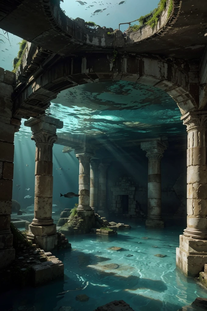 Underwater City Ruins - An ancient city submerged, mysterious and forgotten, coral and marine life intertwine with crumbling columns and arches, wide-angle shot from within a grand sunken palace, the ethereal light filters through the water's surface, cool tones dominate with bursts of color from exotic fish, intricately detailed, serene ambiance, concept art, ultra HD, 8k resolution, sketch