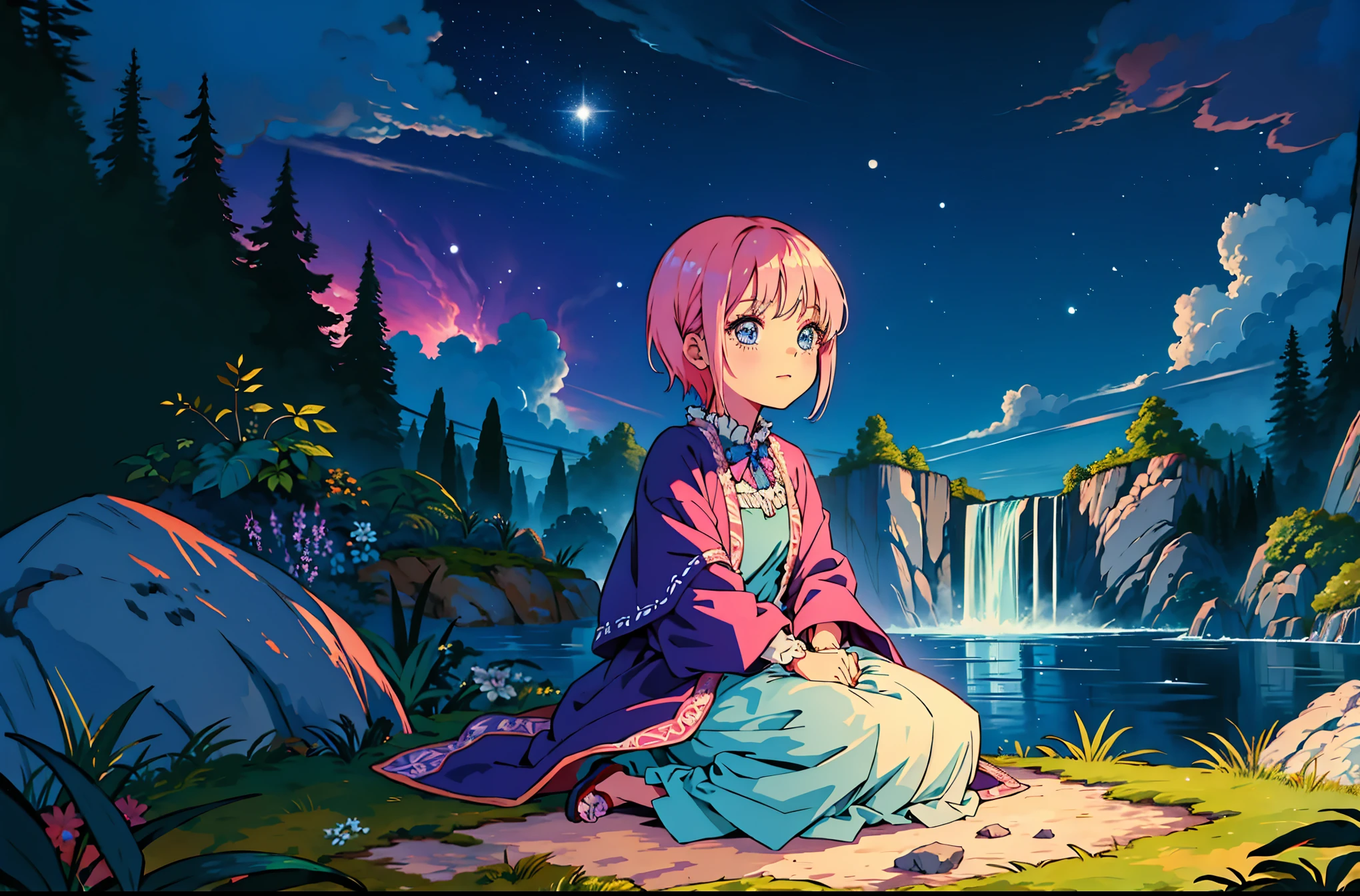 Scenery, light blue sky, 1girl, ichika sitting in the waterfalls, cloud, sitting on rocks in the middle of the waterfall, magical photography, ultra-detailed, 4k, Depth of field, High-resolution, outdoors, starry night sky, starts made of iridescent tears, pastel aesthetic colors, sfw, nakano_ichika, aaichika, Nakano ichika sitting in the waterfall, short silky pink hair, masterpiece, 4k, ultradetailed, cowboy shot, nakano ichika, blue eyes, sparkling eyes, green bowtie, veiled pretty iridescent dress, minimal dress, attractive confident smile, happy, cute, Official art、Beautifully Aesthetic:1.2)、(a beauty girl:1.3)、vivid colours、colourful, Soft Light, Deep Focus Bokeh, fantasy, galaxy, sparkling, splendid, colorful, dramatic lighting, intricate details, (1 girl, solo, alone), intricate details, sfw, nakano_ichika, sparkling eyes, laughing happily, crystal, fantasy, shimmering, sparkling, splendid, colorful, bright colours. fix her hands, studio lighting:1.2), ichika nakano,
