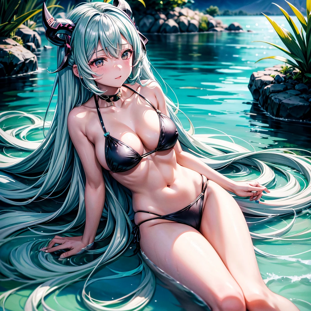 Miku Nakano lying on the grass on the banks of a lagoon watching the sky, bikini colornegroconbordesdorados, long gray hair, 2 large horns on the forehead, equal to BLOODY MOON from free fire, black eyes, provocative face.
soft lighting, slight mid-day blizzard.