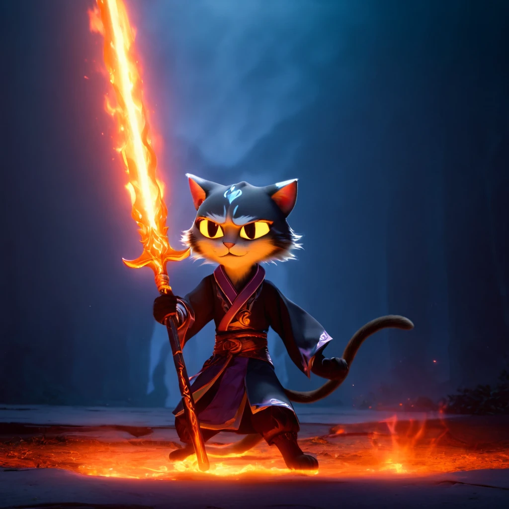 (masterpiece:1.4, best quality),guoman, cute style, exaggerated painting,A cute cat mage, glowing fire sword, staff, dramatic lighting, dynamic pose, dynamic camera,masterpiece, best quality, dark shadows, ((dark fantasy)), detailed, realistic, 8k uhd, high quality