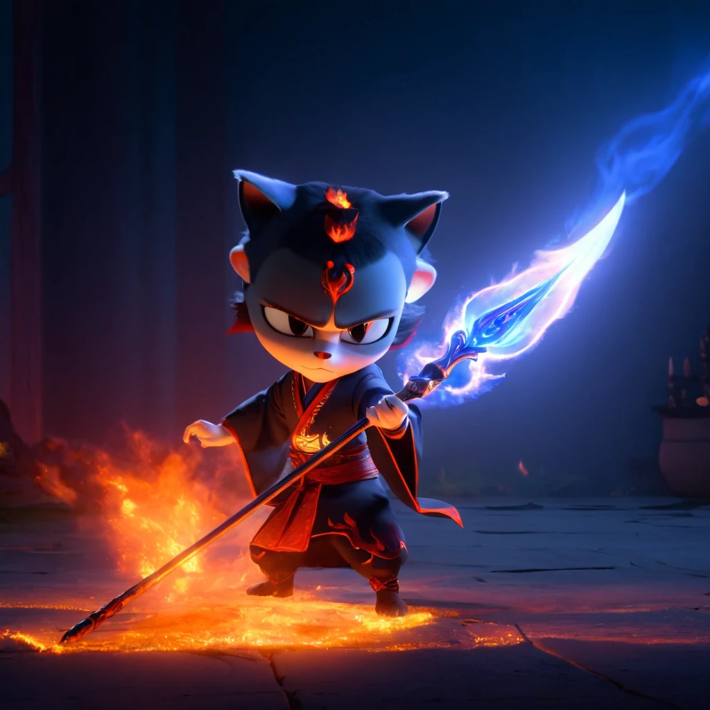 (masterpiece:1.4, best quality),guoman, cute style, exaggerated painting,A cute cat mage, glowing fire sword, staff, dramatic lighting, dynamic pose, dynamic camera,masterpiece, best quality, dark shadows, ((dark fantasy)), detailed, realistic, 8k uhd, high quality