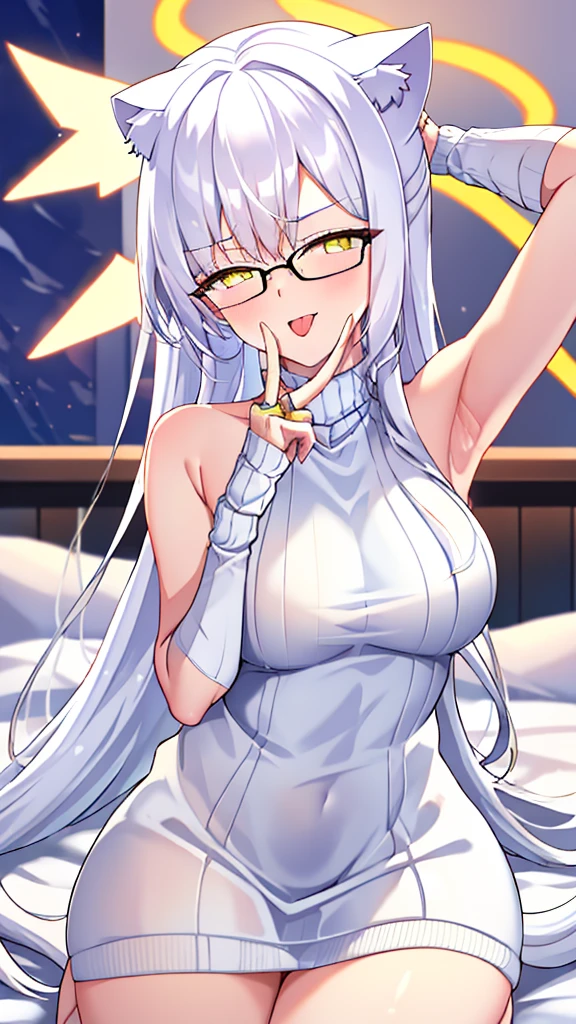 A 20-year-old female angel with long hair, white hair, yellow eyes, white cat ears, and white angel wings. A glowing yellow halo ring above the head. Round glasses. (White halter turtleneck sweater, white purekiller sweater, sleeveless, sexy backless sweater, white dress) White arm warmers, stick out tongue, bedroom