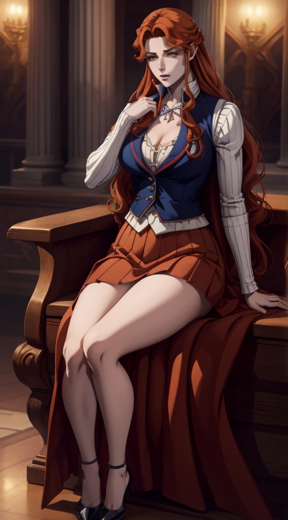 ((photo by full body)), ((photo realist)), 1 girl, (waistcoat: 1.2), 8K, high resolution, finely detailed skin, lingerie, Breasts huge, Lenore de Castlevania, vampyre, Red hair, overskirt, sitting down, flegs, jumping, dominant, Low angle, upoverskirt, skinny, toned, smaller body, Waist slender, from low, crossed flegs, highly detailed realisticly proportioned flegs, toned flegs, skinny flegs