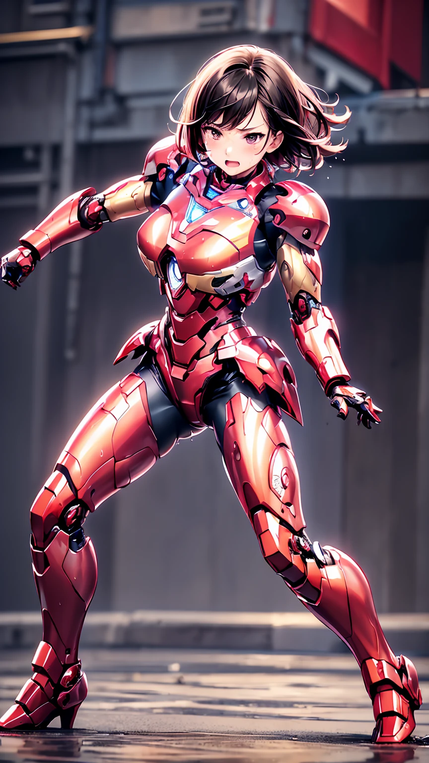 Female Iron Man(Red and Black)、shine、Shortcuts、Textured skin, Super detailed, Attention to detail, high quality, 最high quality, High resolution, 1080P, hard disk, beautiful,(Gundam),beautifulサイボーグ女性,Mecha Cyborg Girl,Battle Mode,Woman with a mechanical body,Full Body Shot、、Expression of bitterness、Sweaty face、、Squint your eyes、、humid、Soaking wet、、Steam coming out of the head、Spread your legs、Embarrassed face、Open your mouth、Hold your face　Black-haired　Short-haired　Soaking wet　Many people are wearing the same clothes