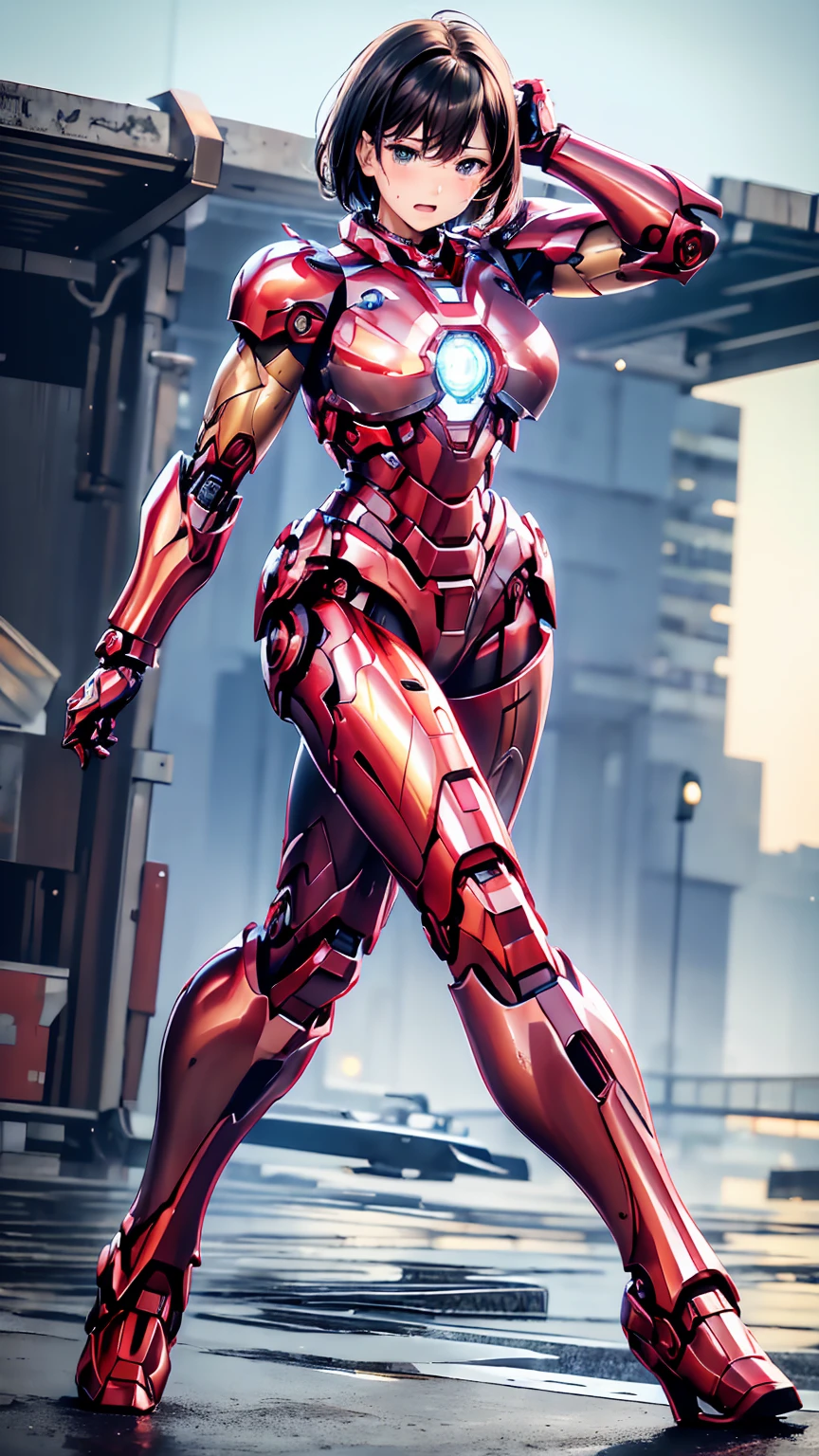 Female Iron Man(Red and Black)、shine、Shortcuts、Textured skin, Super detailed, Attention to detail, high quality, 最high quality, High resolution, 1080P, hard disk, beautiful,(Gundam),beautifulサイボーグ女性,Mecha Cyborg Girl,Battle Mode,Woman with a mechanical body,Full Body Shot、、Expression of bitterness、Sweaty face、、Squint your eyes、、humid、Soaking wet、、Steam coming out of the head、Spread your legs、Embarrassed face、Open your mouth、Hold your face　Black-haired　Short-haired　Soaking wet　Many people are wearing the same clothes