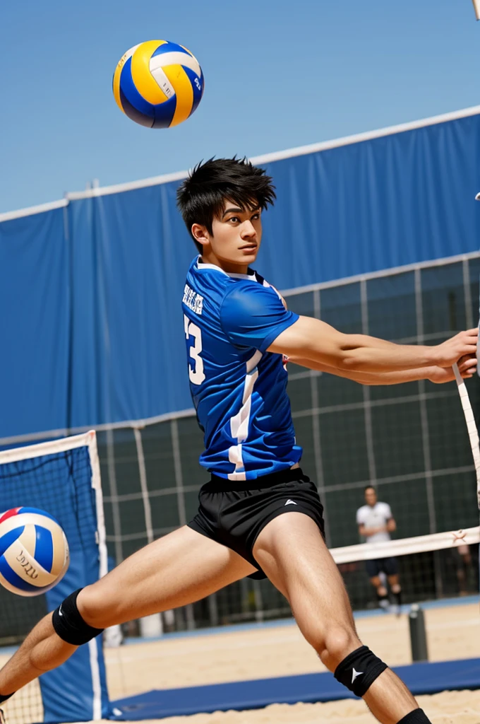 ,Korean teenage handsome boy, skinny fat body nude body, small waist swimwear, Speedo, standing tennis court, sunshine day, blue sky white clouds ,2 guys tennis player