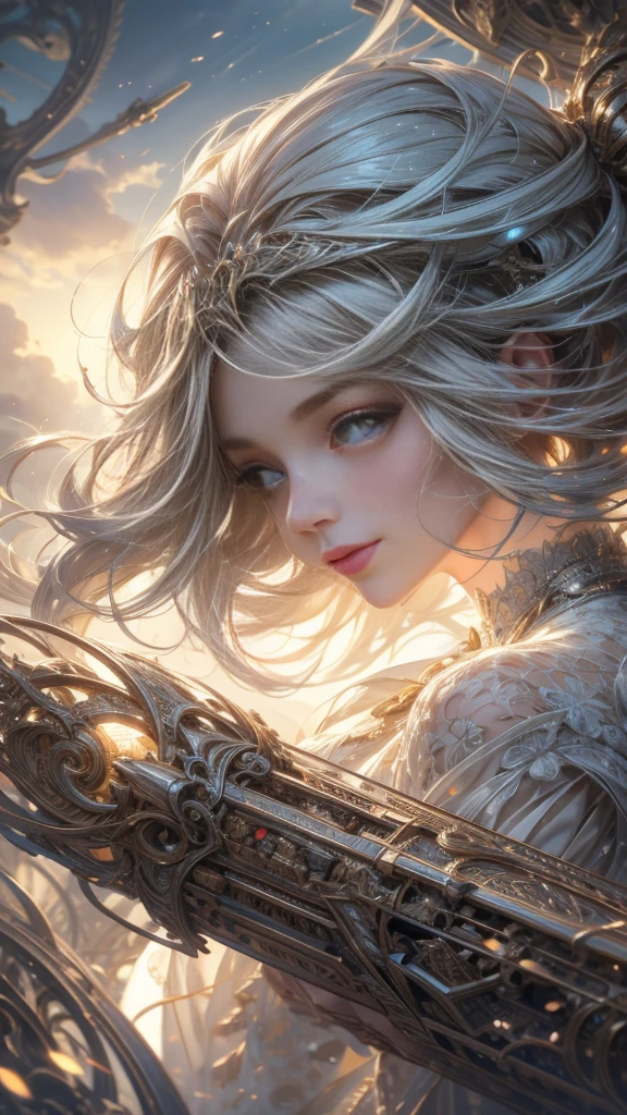 masterpiece, best quality, movie still, 1girl, floating in the sky, cloud girl, cloud, (close-up:1.1), bright, happy, fun, soft lighting, (Bauhaus, shapes, lines, abstract:1.1)