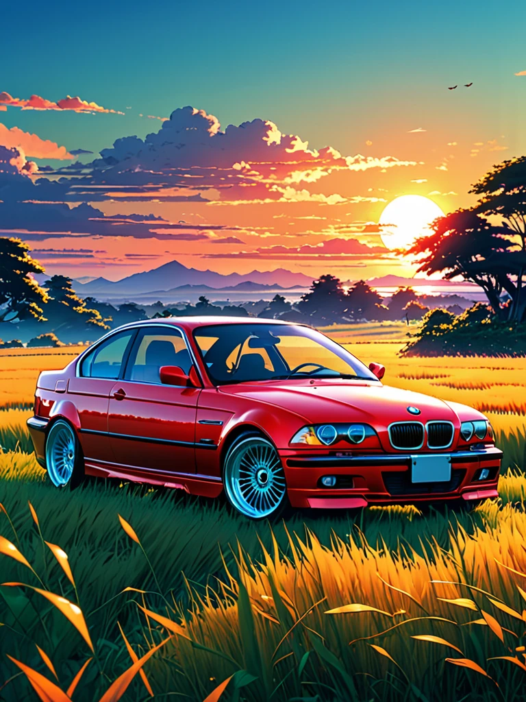 anime landscape of A pearl super sunny red classic 1999 BMW 328i E46 sport sits in a field of tall grass with a sunset in the background.beautiful anime scene, beautiful anime peace scene, Makoto Shinkai Cyril Rolando, beautiful anime scene, amazing wallpaper, anime art wallpaper 8k, anime background, artistic anime background, anime wallpaper 4k, anime art 4k wallpaper, anime wallpaper art 4k,