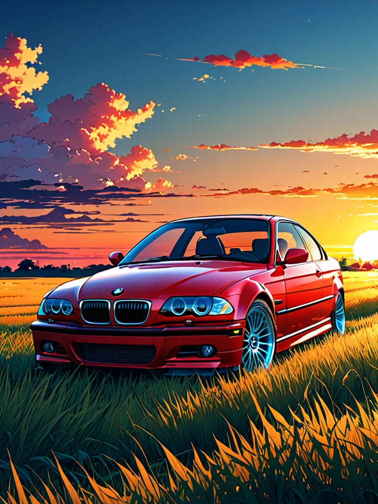 anime landscape of A pearl super sunny red classic 1999 BMW 328i E46 sport sits in a field of tall grass with a sunset in the background.beautiful anime scene, beautiful anime peace scene, Makoto Shinkai Cyril Rolando, beautiful anime scene, amazing wallpaper, anime art wallpaper 8k, anime background, artistic anime background, anime wallpaper 4k, anime art 4k wallpaper, anime wallpaper art 4k,