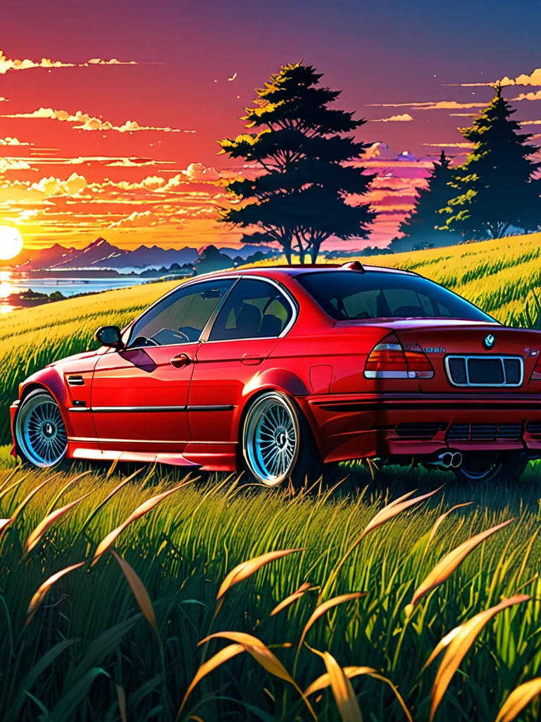anime landscape of A pearl super sunny red classic 1999 BMW 328i E46 sport sits in a field of tall grass with a sunset in the background.beautiful anime scene, beautiful anime peace scene, Makoto Shinkai Cyril Rolando, beautiful anime scene, amazing wallpaper, anime art wallpaper 8k, anime background, artistic anime background, anime wallpaper 4k, anime art 4k wallpaper, anime wallpaper art 4k,
