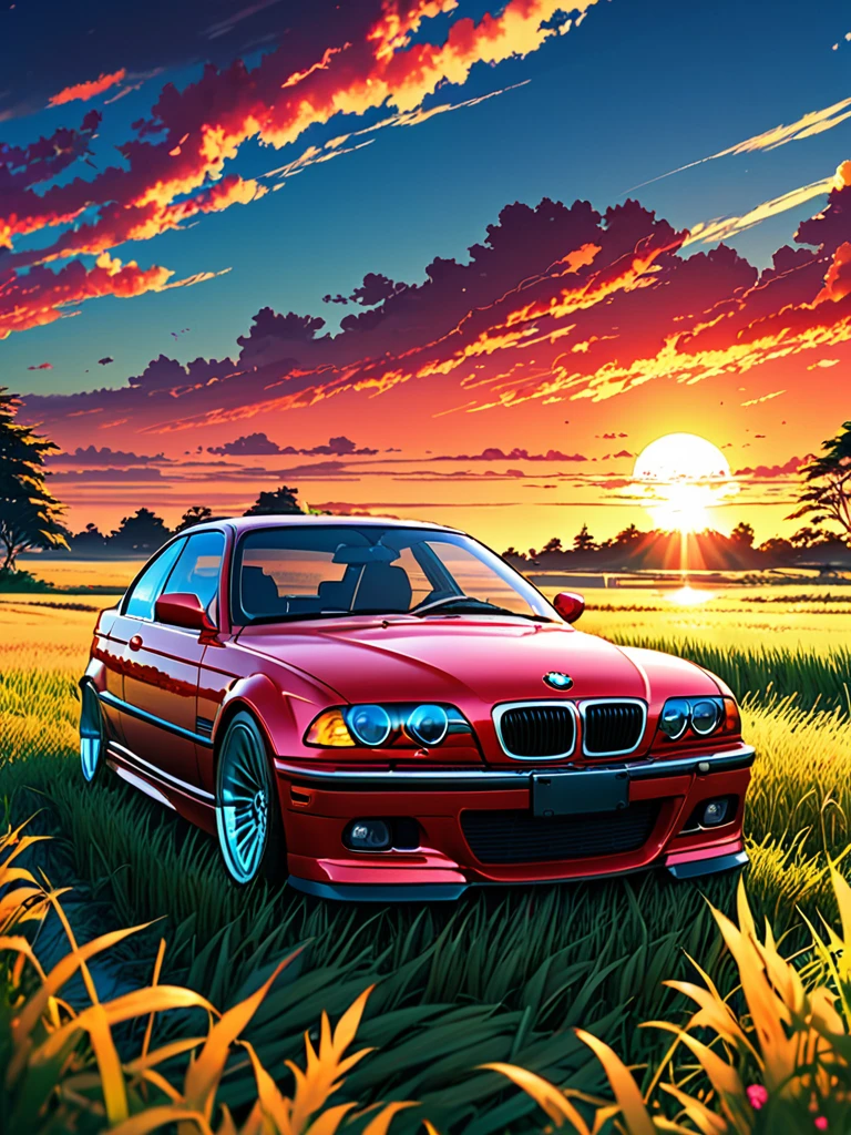 anime landscape of A pearl super sunny red classic 1999 BMW 328i E46 sport sits in a field of tall grass with a sunset in the background.beautiful anime scene, beautiful anime peace scene, Makoto Shinkai Cyril Rolando, beautiful anime scene, amazing wallpaper, anime art wallpaper 8k, anime background, artistic anime background, anime wallpaper 4k, anime art 4k wallpaper, anime wallpaper art 4k,