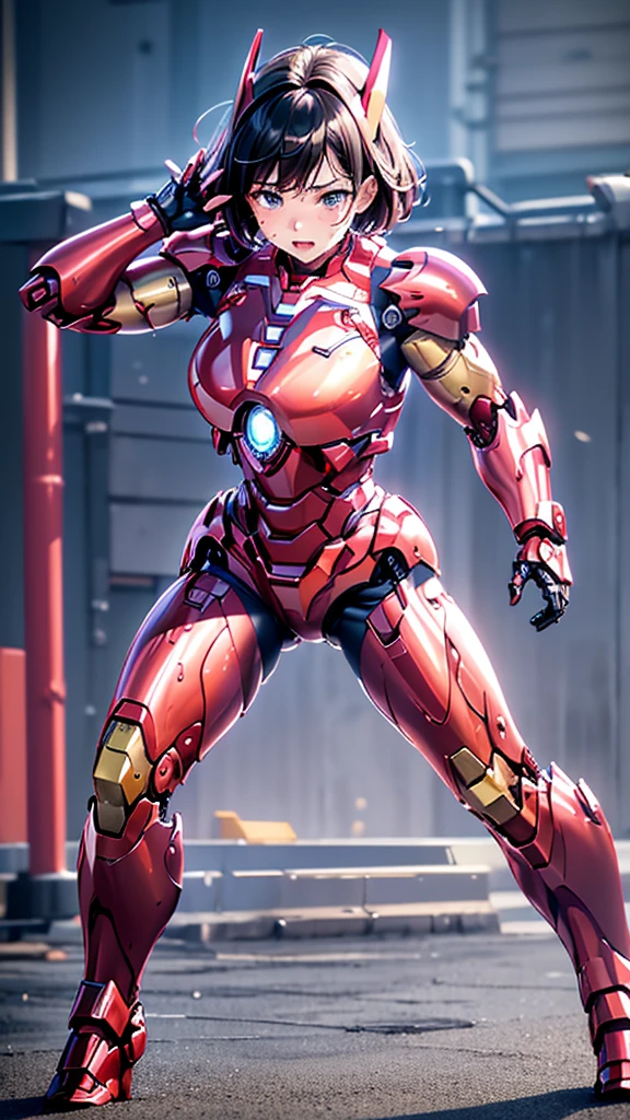 Female Iron Man(Red and Black)、shine、Shortcuts、Textured skin, Super detailed, Attention to detail, high quality, 最high quality, High resolution, 1080P, hard disk, beautiful,(Gundam),beautifulサイボーグ女性,Mecha Cyborg Girl,Battle Mode,Woman with a mechanical body,Full Body Shot、、Expression of bitterness、Sweaty face、、Squint your eyes、、humid、Soaking wet、、Steam coming out of the head、Spread your legs、Embarrassed face、Open your mouth、Hold your face Black-haired Short-haired Soaking wet Many people are wearing the same clothes