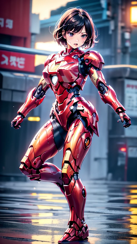 Female Iron Man(Red and Black)、shine、Shortcuts、Textured skin, Super detailed, Attention to detail, high quality, 最high quality, High resolution, 1080P, hard disk, beautiful,(Gundam),beautifulサイボーグ女性,Mecha Cyborg Girl,Battle Mode,Woman with a mechanical body,Full Body Shot、、Expression of bitterness、Sweaty face、、Squint your eyes、、humid、Soaking wet、、Steam coming out of the head、Spread your legs、Embarrassed face、Open your mouth、Hold your face　Black-haired　Short-haired　Soaking wet　Many people are wearing the same clothes