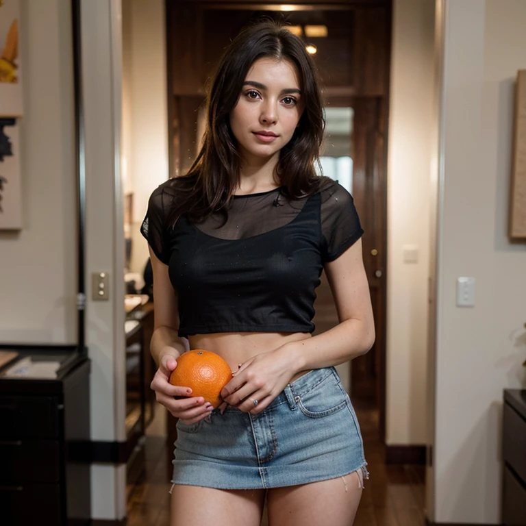 young and beautiful woman, slender, healthy, happy expression, She is wearing a black blouse and a denim skirt, Comfort food, preparando comida healthy, she is holding an orange in one hand, warm colours, softfocus, delicate facial features, silky hair, behaved pose , proffesional, (best qualityer, 4K, 8K, high resolution, Masterpiece artwork: 1,2), ultradetailed, (realistic, fotorrealistic, fotorrealistic: 1,37), HDR, uhd, studio lighting, ultra-fine painting, sharp focus, Physically based rendering , Extremely detailed description, shiny colors, bokeh, portraite