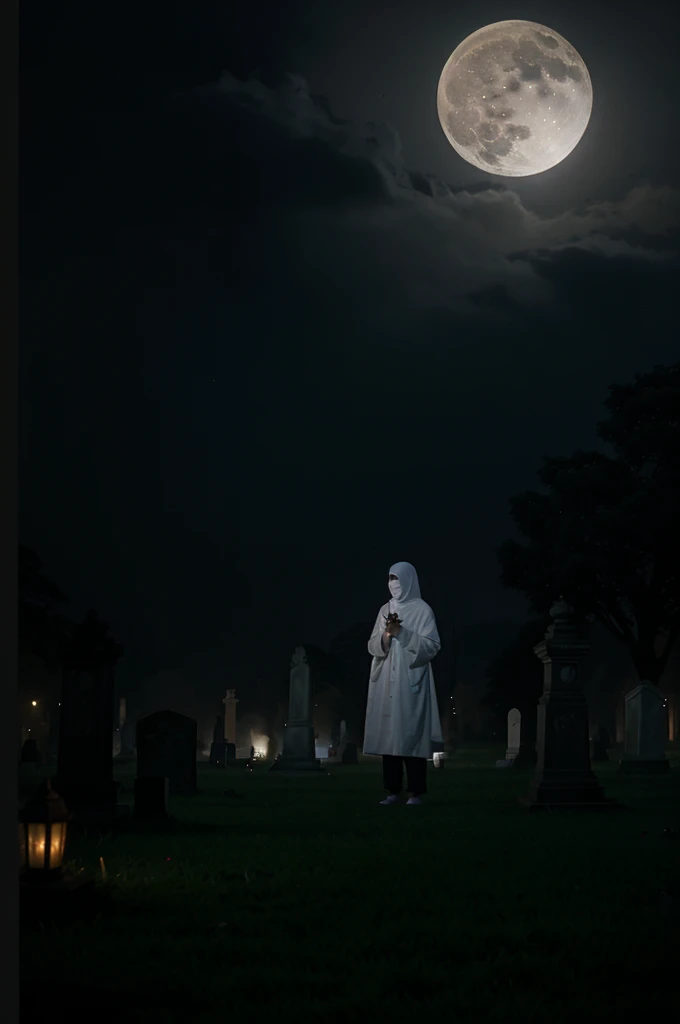 Indonesian ghost. in the cemetery. at night. visible full moon. foggy. spooky atmosphere.