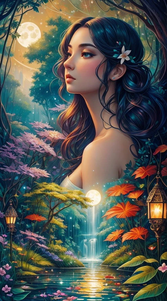 Create a vibrant and lush tropical rainforest scene, filled with diverse flora and fauna. There should be a hidden waterfall cascading into a crystal-clear pool, surrounded by vibrant, exotic flowers and playful monkeys swinging from the trees. The sun filters through the dense canopy, creating a magical, dappled light effect, splash, full body, detailed oil painting by Marc Todd, lady close up, fantasy garden, leaves, raindrops on leaves, night moon, moonlight, stars, mystical, highly detailed, intricate, intricate pose, oil painting, thick strokes , soft impressionism, mannerism, vibrant colors, masterpiece, high quality, beautiful young caucasian girl, illuminated face, long black hair,lamp and lantern, old clock, full moon, moonlight behind a female silhouette, fantasy, well-detailed perfect composition,art by Vladimir Volegov, Virgin,digital art, Jean-Baptiste Monge style, bright, beautiful , splash, Glittering , cute and adorable, filigree, , rim lighting, lights, extremely , magic, surreal, fantasy, digital art, , wlop, artgerm and james jean,