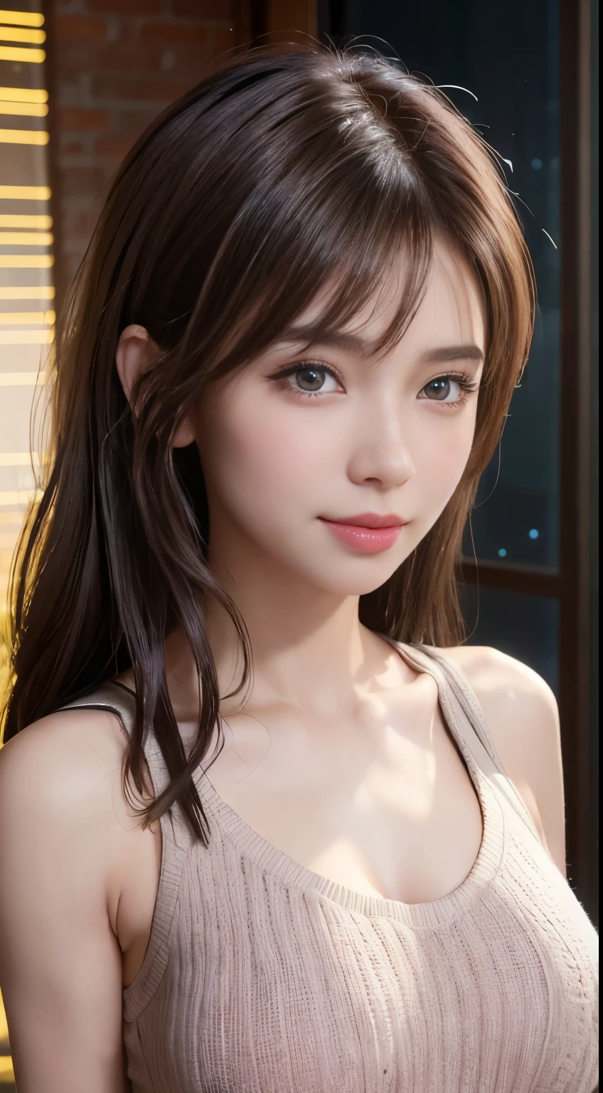 (logo, masterpiece, 8K, Tabletop, RAW Photos, wonderful, 最high quality, Photorealistic and very detailed CG composite 8k wallpaper, high quality, Very detailed, Narrative poem, Particle Effects, Dynamic Effects, Depth of the Boundary, Cinematic Light, Lens flare, Ray Tracing), short hair beautiful young woman, Hair tied back, high detail skin, very fine, fine skin texture, beautiful face, realistic eyes, beautifully detailed eyes, realistic skin, beautiful skin, surreal, smiling eyes, Hair and light eyes, Vibrant, Colorful lights and bokeh. The lighting casts a warm glow on her face and hair, Blue glow, Water surface reflection, Creates a dreamy and magical atmosphere, Big Breasts, Brown Hair, short hair, plump lower lip, pink blush on the cheeks , pink lips, brown tight no-shoulder knit sweater