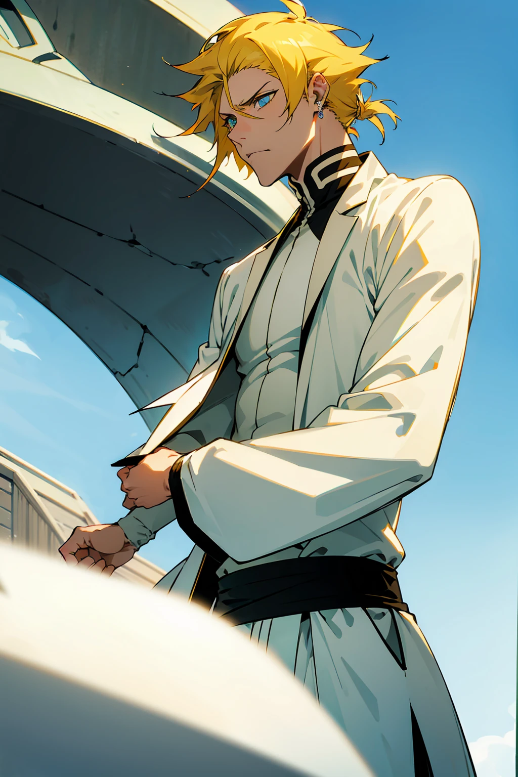 1male, Young Adult, Short Hair, YellowColored Hair, Black Highlights, Two Toned Hair, Sky Blue Eyes, Bleach, Hueco Mundo, Arrancar Clothing, Sunny, Muscular, White Coat, Detailed Eyes, Wavy Hair, Earring, Slicked Back Hair