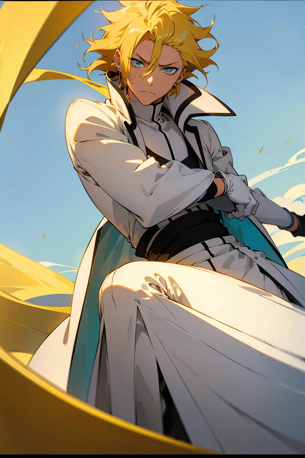 1male, Young Adult, Short Hair, YellowColored Hair, Black Highlights, Two Toned Hair, Sky Blue Eyes, Bleach, Hueco Mundo, Arrancar Clothing, Sunny, Muscular, White Coat, Detailed Eyes, Wavy Hair, Earring, Slicked Back Hair