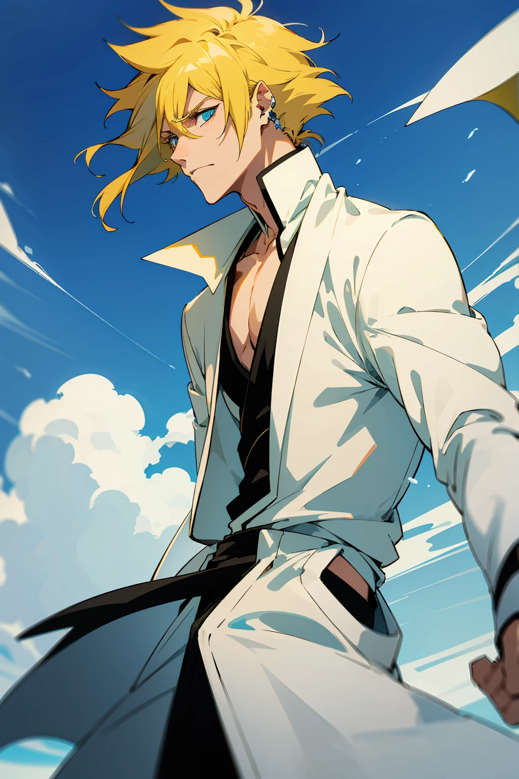 1male, Young Adult, Short Hair, YellowColored Hair, Black Highlights, Two Toned Hair, Sky Blue Eyes, Bleach, Hueco Mundo, Arrancar Clothing, Sunny, Muscular, White Coat, Detailed Eyes, Wavy Hair, Earring, Slicked Back Hair