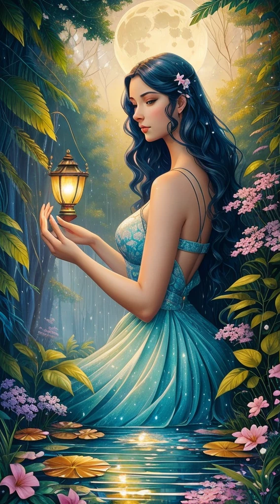 Create a vibrant and lush tropical rainforest scene, filled with diverse flora and fauna. There should be a hidden waterfall cascading into a crystal-clear pool, surrounded by vibrant, exotic flowers and playful monkeys swinging from the trees. The sun filters through the dense canopy, creating a magical, dappled light effect, splash, full body, detailed oil painting by Marc Todd, lady close up, fantasy garden, leaves, raindrops on leaves, night moon, moonlight, stars, mystical, highly detailed, intricate, intricate pose, oil painting, thick strokes , soft impressionism, mannerism, vibrant colors, masterpiece, high quality, beautiful young caucasian girl, illuminated face, long black hair,lamp and lantern, old clock, full moon, moonlight behind a female silhouette, fantasy, well-detailed perfect composition,art by Vladimir Volegov, Virgin,digital art, Jean-Baptiste Monge style, bright, beautiful , splash, Glittering , cute and adorable, filigree, , rim lighting, lights, extremely , magic, surreal, fantasy, digital art, , wlop, artgerm and james jean,