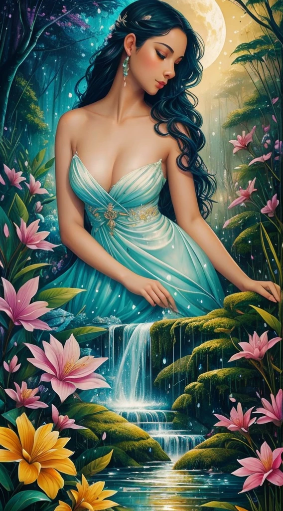 Create a vibrant and lush tropical rainforest scene, filled with diverse flora and fauna. There should be a hidden waterfall cascading into a crystal-clear pool, surrounded by vibrant, exotic flowers and playful monkeys swinging from the trees. The sun filters through the dense canopy, creating a magical, dappled light effect, splash, full body, detailed oil painting by Marc Todd, lady close up, fantasy garden, leaves, raindrops on leaves, night moon, moonlight, stars, mystical, highly detailed, intricate, intricate pose, oil painting, thick strokes , soft impressionism, mannerism, vibrant colors, masterpiece, high quality, beautiful young caucasian girl, illuminated face, long black hair,lamp and lantern, old clock, full moon, moonlight behind a female silhouette, fantasy, well-detailed perfect composition,art by Vladimir Volegov, Virgin,digital art, Jean-Baptiste Monge style, bright, beautiful , splash, Glittering , cute and adorable, filigree, , rim lighting, lights, extremely , magic, surreal, fantasy, digital art, , wlop, artgerm and james jean,