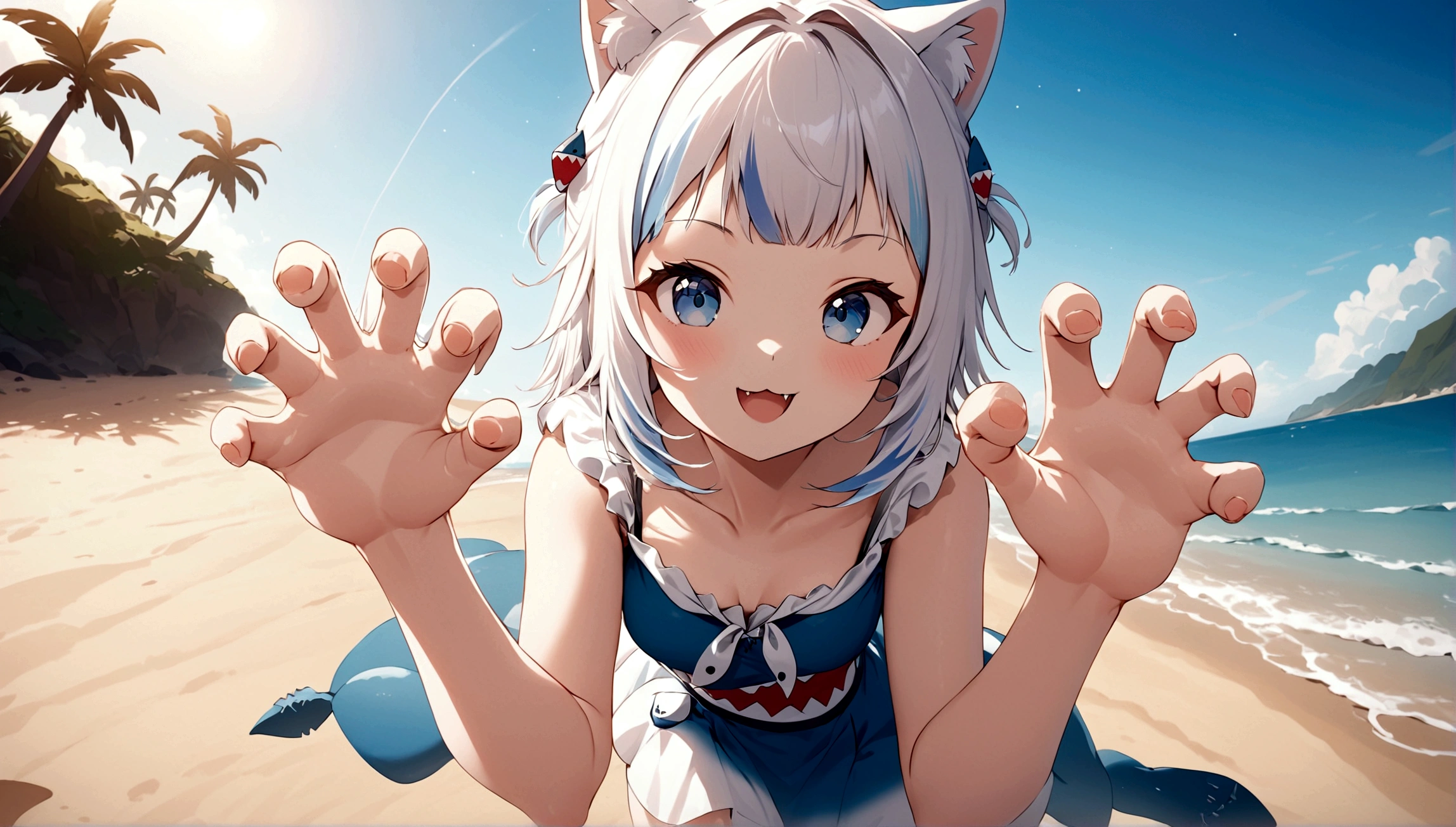 pinup girl pose, Expressiveh, masterpiece, highly detailed, close shot, dynamic pose, centered, 1girl, gawr gura, paw hands, cute pose, rawr, beach background, epic composition, epic proportion, 8K
