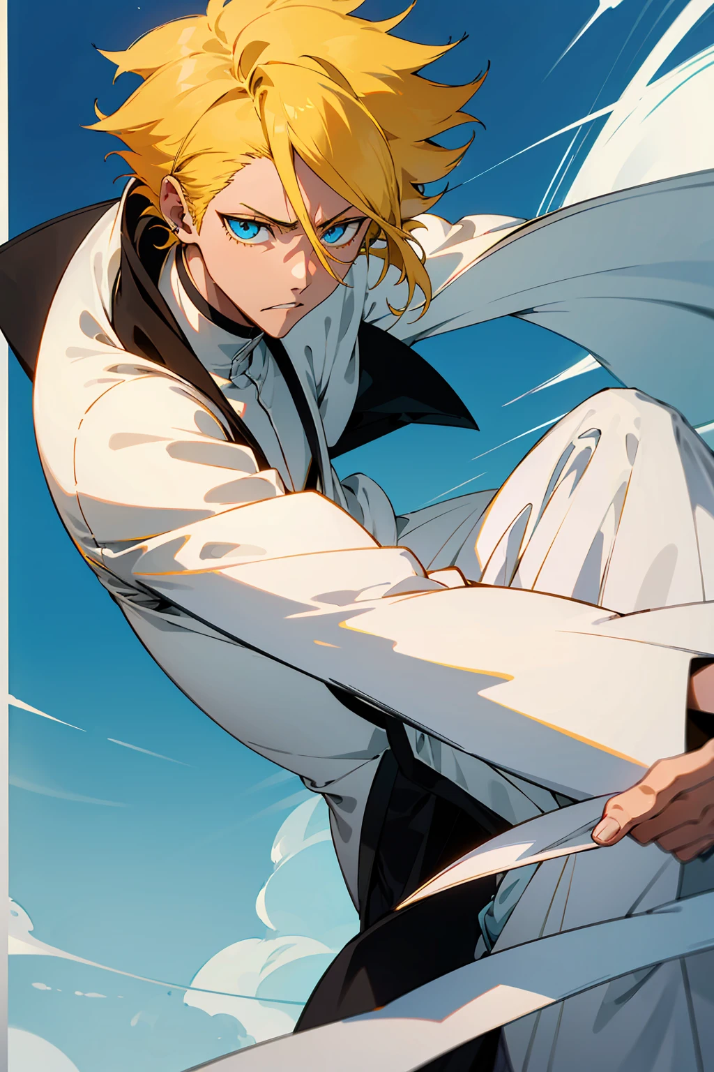 1male, Young Adult, Short Hair, Yellow Colored Hair, Black Highlights, Two Toned Hair, Sky Blue Eyes, Bleach, Hueco Mundo, Arrancar Clothing, Sunny, Muscular, White Coat, Detailed Eyes, Wavy Hair, Earring, Slicked Back Hair