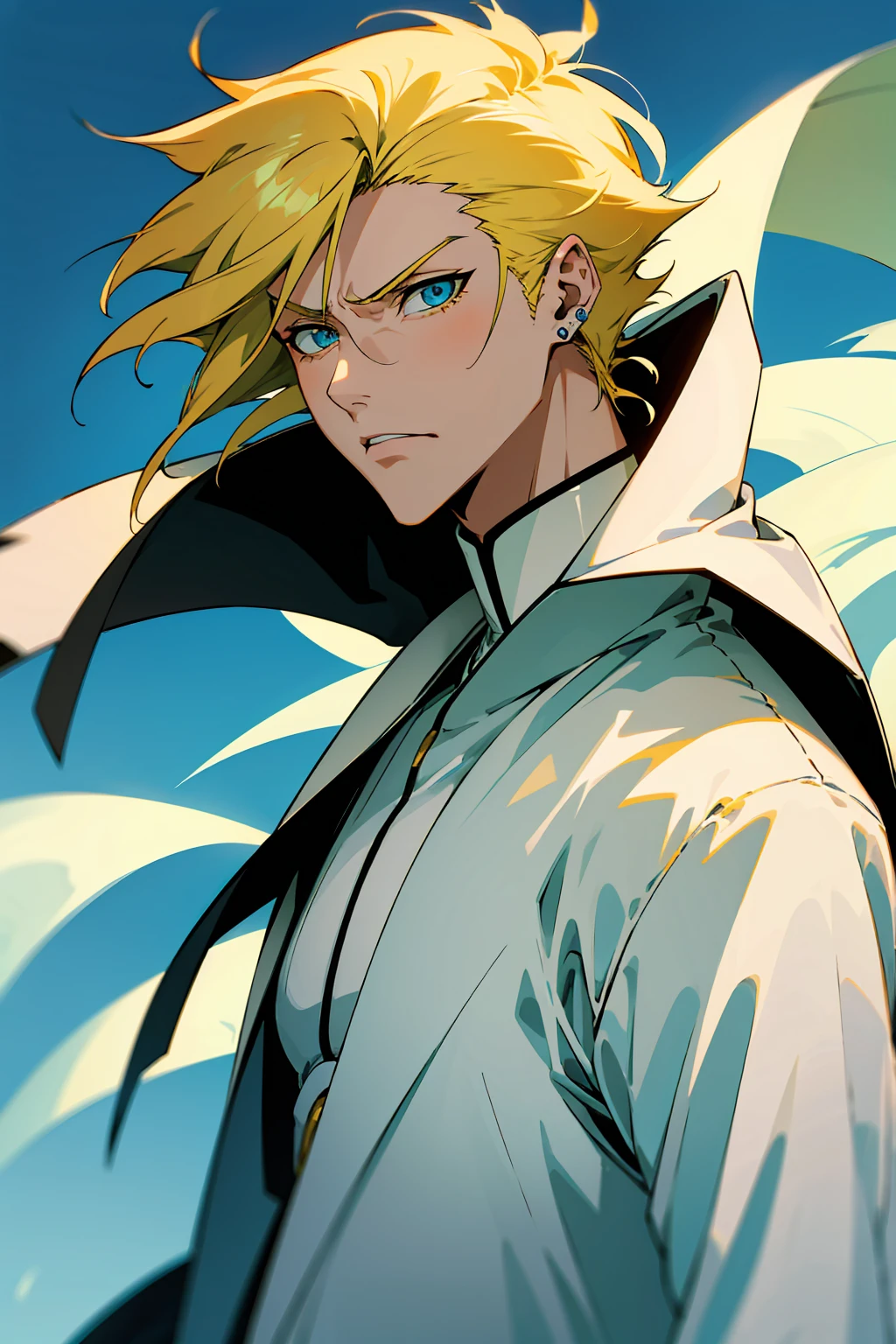 1male, Young Adult, Short Hair, Yellow Colored Hair, Black Highlights, Two Toned Hair, Sky Blue Eyes, Bleach, Hueco Mundo, Arrancar Clothing, Sunny, Muscular, White Coat, Detailed Eyes, Wavy Hair, Earring, Slicked Back Hair