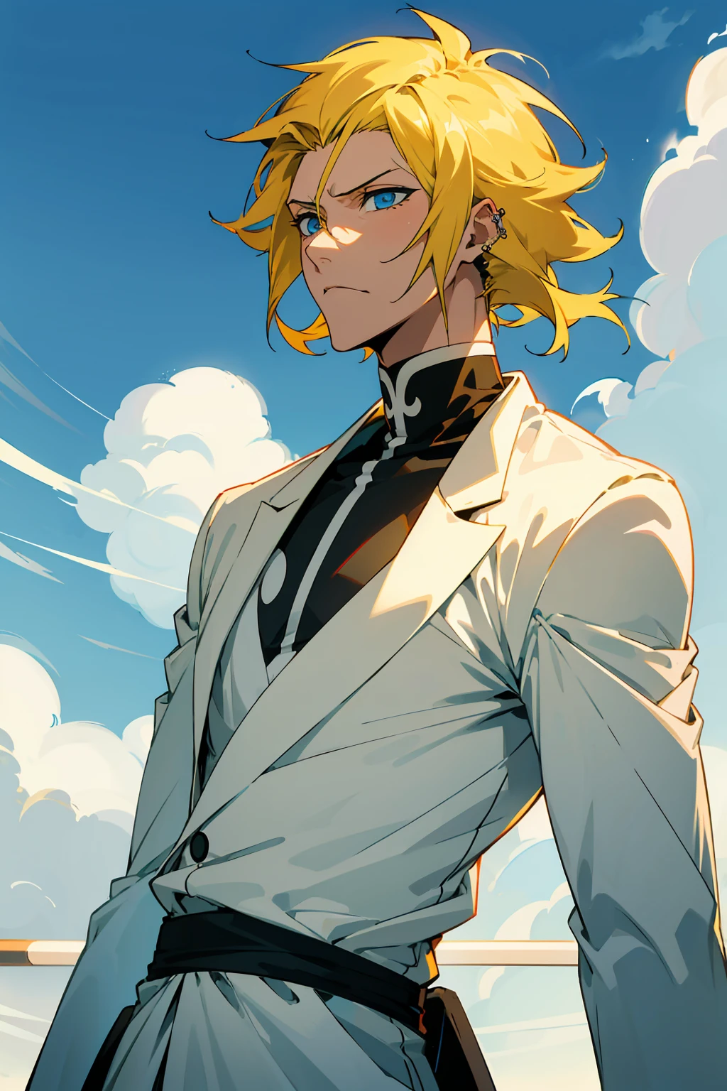 1male, Young Adult, Short Hair, Yellow Colored Hair, Black Highlights, Two Toned Hair, Sky Blue Eyes, Bleach, Hueco Mundo, Arrancar Clothing, Sunny, Muscular, White Coat, Detailed Eyes, Wavy Hair, Earring, Slicked Back Hair